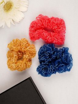 Laida - Red , Blue & Brown Organza Material Scrunchies (Pack of 3)