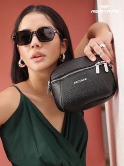 Red Tape - Women Black Faux Leather Handbag with Detachable Strap (S)