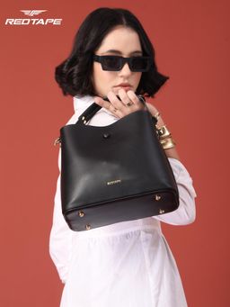Red Tape - Women Black Faux Leather Handbag with Detachable Strap & Pouch (M)