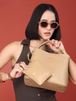Red Tape - Women Khaki Faux Leather Handbag with Detachable Strap & Pouch (M)
