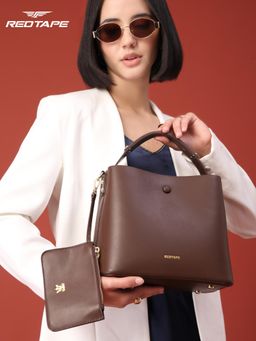 Red Tape - Women Coffee Brown Faux Leather Handbag with Detachable Strap & Pouch (M)
