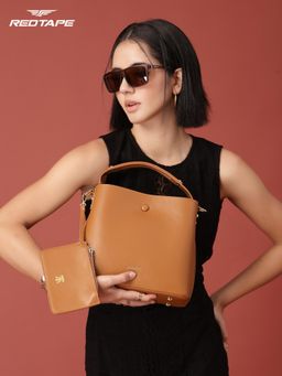 Red Tape - Women Brown Faux Leather Handbag with Detachable Strap & Pouch (M)
