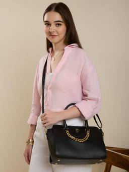 Caprese - Giaa Medium Black Solid Faux Leather Satchel Bag with Detachable Strap (M)