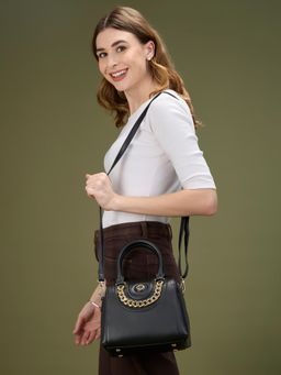Caprese - Giaa Small Black Faux Leather Satchel Bag with Detachable Strap (S)