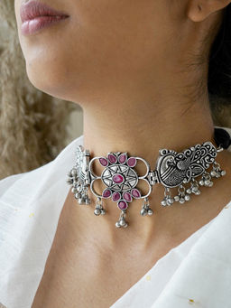 Teejh - Parul Pink Peacock Choker Necklace for Women
