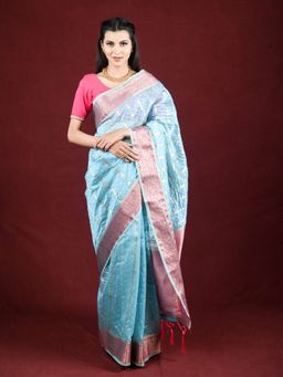 EXCLUSIVA - Blue Organza Saree Zari Woven Work with Unstitched Blouse