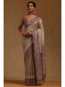Soch - Women Purple Tussar Embroidered Saree with Unstitched Blouse Piece