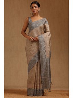 Soch - Women Blue Tussar Embroidered Saree with Unstitched Blouse Piece