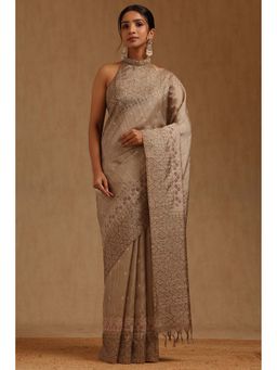 Soch - Women Brown Tussar Embroidered Saree with Unstitched Blouse Piece