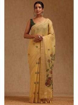 Soch - Women Olive Chanderi Woven Saree with Unstitched Blouse Piece