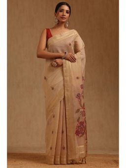 Soch - Women Beige Chanderi Woven Saree with Unstitched Blouse Piece