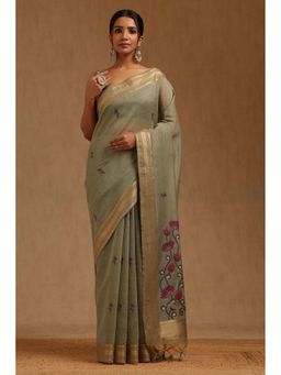 Soch - Women Olive Chanderi Woven Saree with Unstitched Blouse Piece
