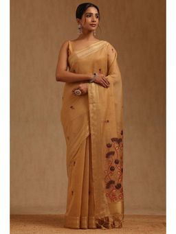 Soch - Women Beige Chanderi Woven Saree with Unstitched Blouse Piece