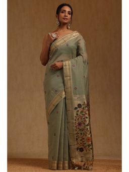 Soch - Women Olive Chanderi Woven Saree with Unstitched Blouse Piece