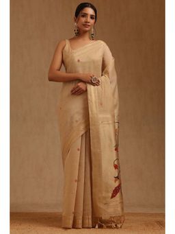 Soch - Women Beige Chanderi Woven Saree with Unstitched Blouse Piece
