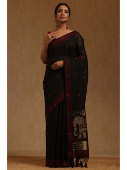 Soch - Women Black Chanderi Woven Saree with Unstitched Blouse Piece