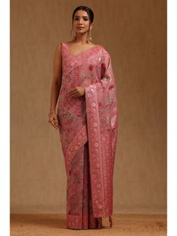 Soch - Women Pink Chanderi Floral Saree with Unstitched Blouse Piece