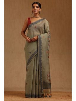 Soch - Women Olive Chanderi Woven Saree with Unstitched Blouse Piece