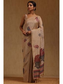 Soch - Women Beige Chanderi Woven Saree with Unstitched Blouse Piece