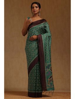 Soch - Women Teal Tussar Woven Saree with Unstitched Blouse Piece