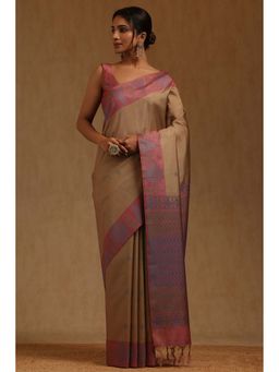 Soch - Women Beige Tussar Woven Saree with Unstitched Blouse Piece