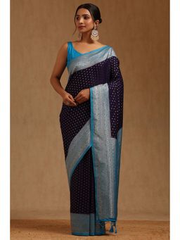 Soch - Women Navy Blue Silk Blend Woven Saree with Unstitched Blouse Piece
