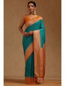 Soch - Women Teal Silk Blend Woven Saree with Unstitched Blouse Piece