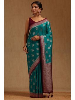 Soch - Women Green Silk Blend Woven Saree with Unstitched Blouse Piece