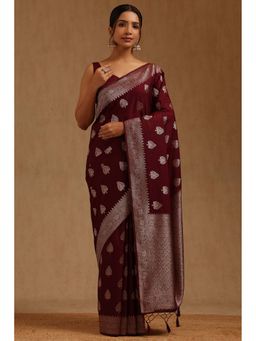 Soch - Women Maroon Silk Blend Woven Saree with Unstitched Blouse Piece
