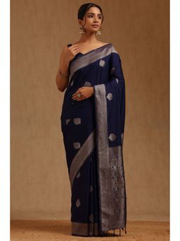 Soch - Women Navy Blue Silk Blend Woven Saree with Unstitched Blouse Piece
