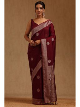 Soch - Women Wine Silk Blend Woven Saree with Unstitched Blouse Piece