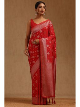 Soch - Women Red Silk Blend Woven Saree with Unstitched Blouse Piece