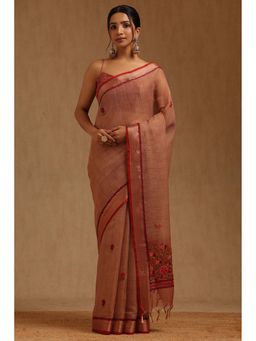 Soch - Women Peach Linen Woven Saree with Unstitched Blouse Piece