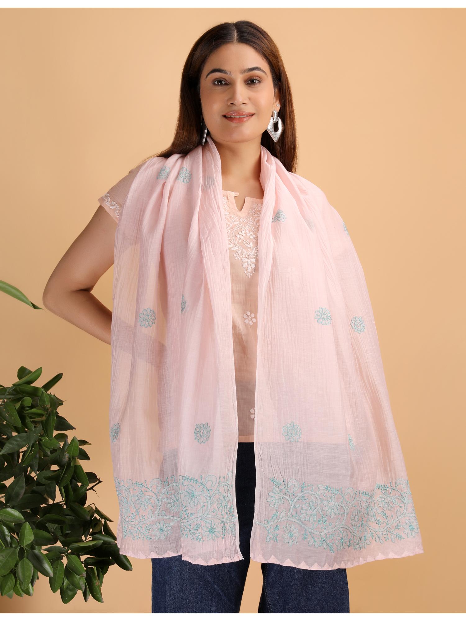 shwet heritage Women Peach Chikankari Chanderi Stole-picture-32