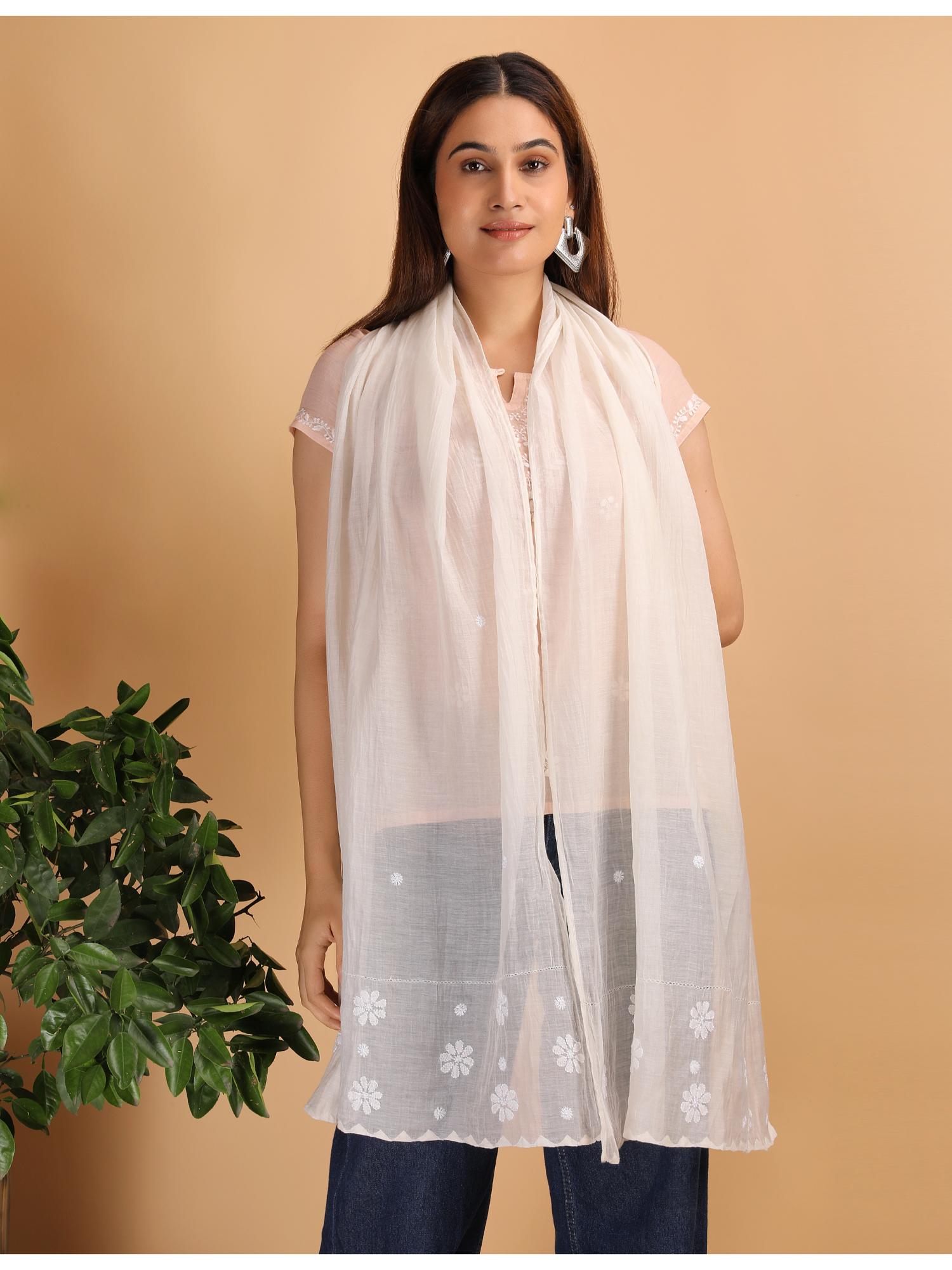shwet heritage Women White Chikankari Chanderi Stole-picture-40