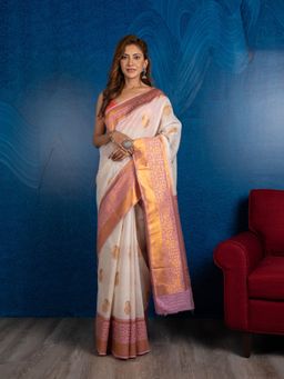 Beatitude - Off White Pink Woven Design Linen Blend Banarasi Saree with Unstitched Blouse