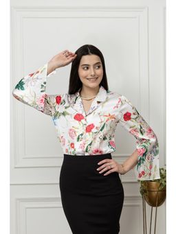 PURYS - Women White Satin Floral Regular Fit Shirt