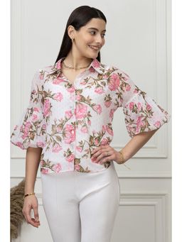 PURYS - Women White and Pink Georgette Floral Regular Fit Shirt