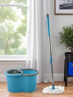 Kuber Industries - Spin Mop with Stainless Steel Wringer Mopping Bucket with 2 Refills Blue