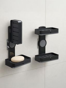 Kuber Industries - Black Plastic Self-Adhesive Double Layers Soap Holder for Bathroom (Pack of 2)
