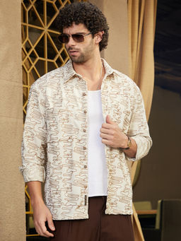 Campus Sutra - Men Cream White Groovy-Stitch Corduroy Oversized Shirt