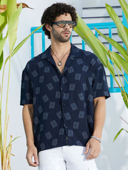 Campus Sutra - Men Onyx Navy Blue Indie-Cuban Oversized Shirt