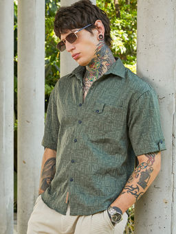 Campus Sutra - Men Emerald Green Aztec-Tactile Oversized Shirt