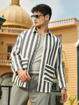Campus Sutra - Men Moon Grey & White Candy-Stripes Utility Oversized Shirt