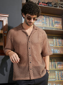Campus Sutra - Men Camel Brown Open-Knit Resort Oversized Shirt