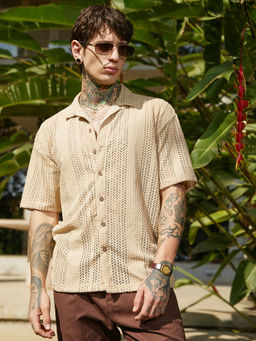 Campus Sutra - Men Buff Beige Ziggy-Knit Oversized Shirt