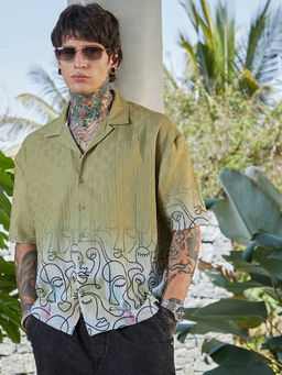 Campus Sutra - Men Pistachio Green Faces-Ombre Graphic Oversized Shirt