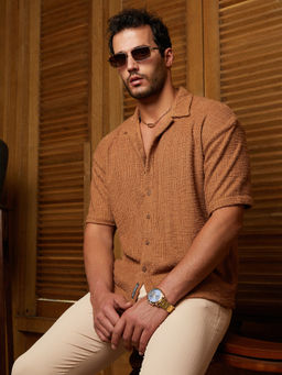 Campus Sutra - Men Tan Brown Tactile-Resort Oversized Shirt