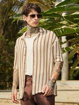 Campus Sutra - Men Canvas Beige & Russet Brown Stripes Open-Knit Oversized Shirt
