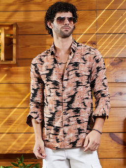 Campus Sutra - Men Sienna Orange & Midnight Black Contrast-Scuff Shirt